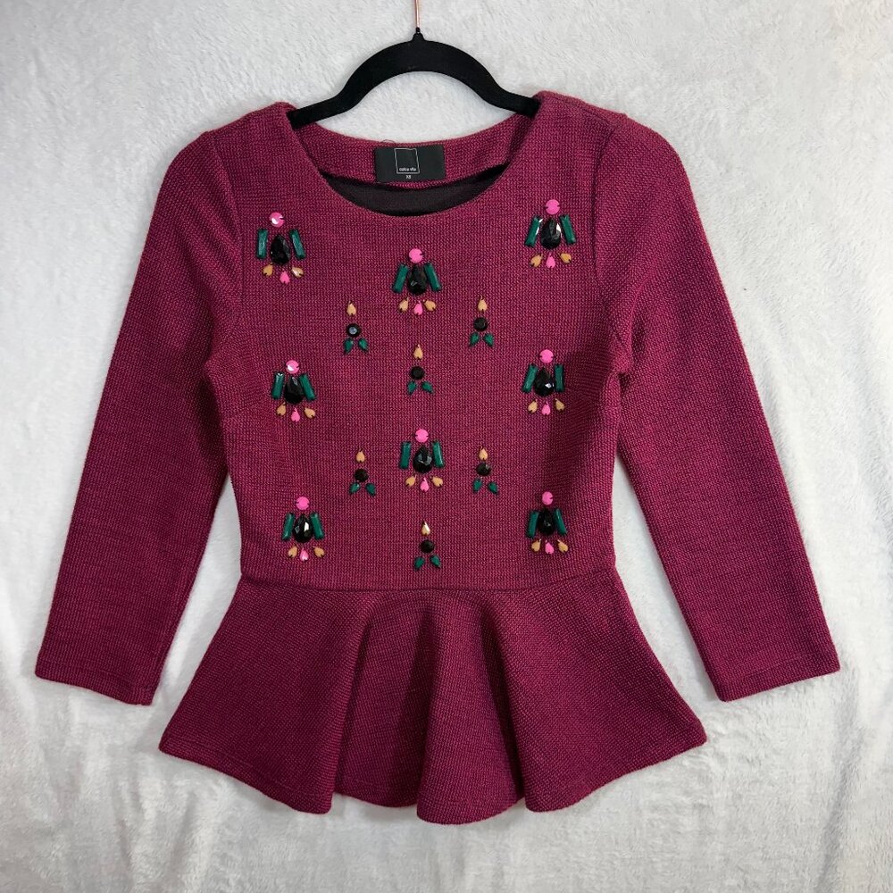 Dolce Vita XS Embellished Peplum Wool Top Burgundy Jewels Raspberry‎ Pink Mimosa